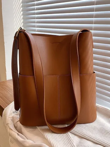 Bolso de Hombro Minimalista de Cuero PU Gran Capacidad Bolso Balde Color Sólido Bolso de Mano de Moda para Mujeres