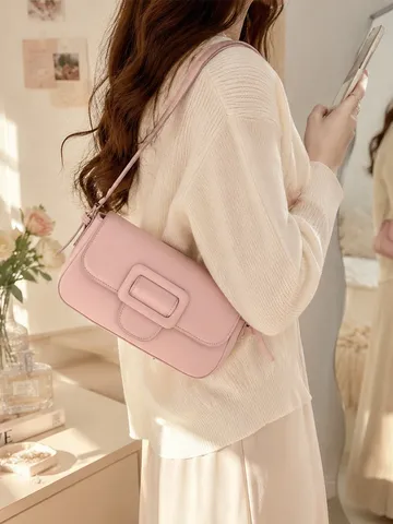 Bolso Baguette de Cuero PU para Mujer Vintage Color Sólido Bolso de Hombro bajo el Brazo Minimalista Urbano