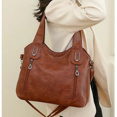Bolso Tote de Gran Capacidad para Mujer Bolso de Hombro de Cuero PU Vintage Bolso Casual