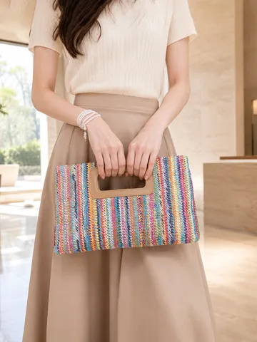 Bolso de Mano de Paja Tejida para Mujer Bolso Cruzado Casual de Vacaciones Con Cadena Extraíble Bolso de Verano de Moda