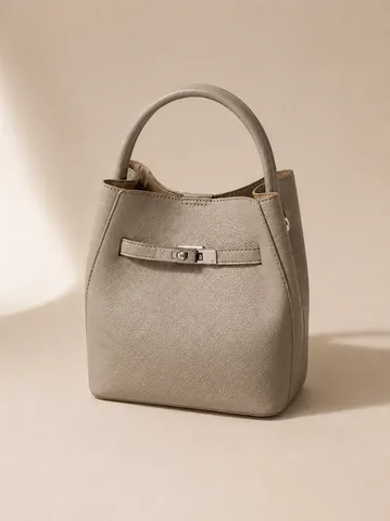 Bolso Cubo de Cuero PU para Mujer Vintage Color Sólido Bolso Bandolera Casual Diario con Cierre Metálico