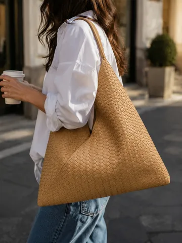 Mujer Bolso de Hombro de Cuero PU Tejido Gran Capacidad Retro Casual Tote Bag Elegante Bolso de Axila Bolso de Mano de Moda