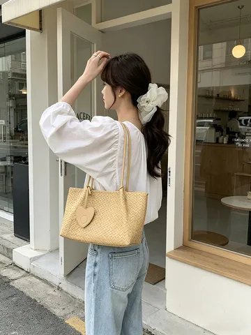 Bolso Tote de Hombro Tejido de Cuero PU Casual para Mujer Bolso de Mano
