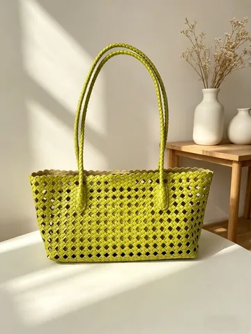 Mujer Bolso Tote Tejido de Piel PU Gran Capacidad Bolso de Mano Casual para Viajes Bolso de Hombro con Patrón de Rombos