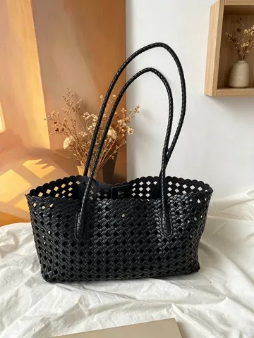 Mujer Bolso Tote Tejido de Piel PU Gran Capacidad Bolso de Mano Casual para Viajes Bolso de Hombro con Patrón de Rombos