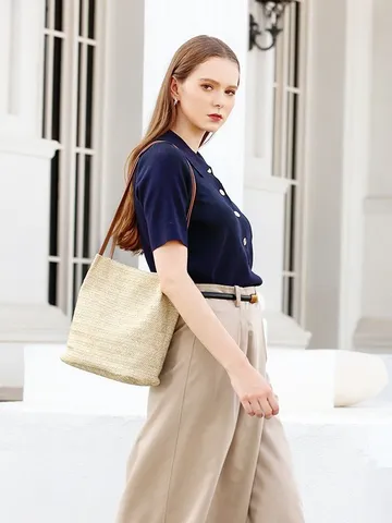 Womens Straw Woven Bucket Bag Urban Minimalist Casual Daily Shoulder Handbag Straw Woven Material Woven Craft