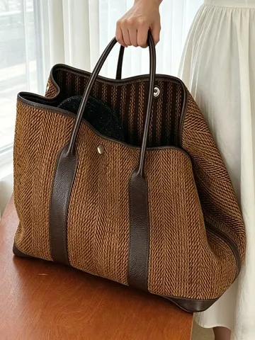 Women Large Capacity Tote Bag Woolen Fabric And PU Leather Splicing Casual Retro Handbag Fashion Shoulder Bag