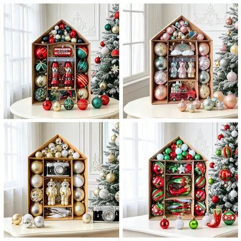 Weihnachtsbaumschmuck Set Sortierte Kunststoff Hängekugeln Mit Haus Geschenkbox Für Feiertagsfest Party Heimdekoration