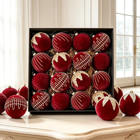 Elegante Samt Beflockte Weihnachtskugeln Set Glitzer Bemalte Kunststoff Christbaumkugeln Ornamente Für Zuhause Weihnachtsbaum Deckenhängende Party Dekoration