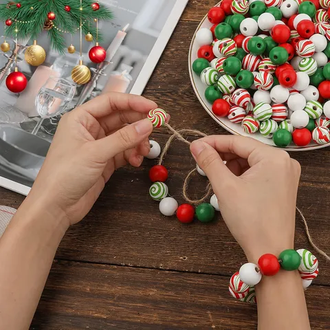 Colorful Wooden Beads Christmas Spiral Candy Wood Bead Set With Jute Twine For DIY Jewelry Making Crafts Decoration