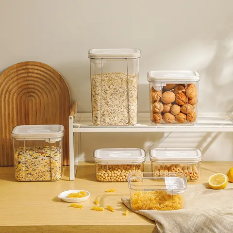 Contenitore per Alimenti Ermetico in Plastica Trasparente Barattolo Sigillato Quadrato da Cucina Con Cucchiaio