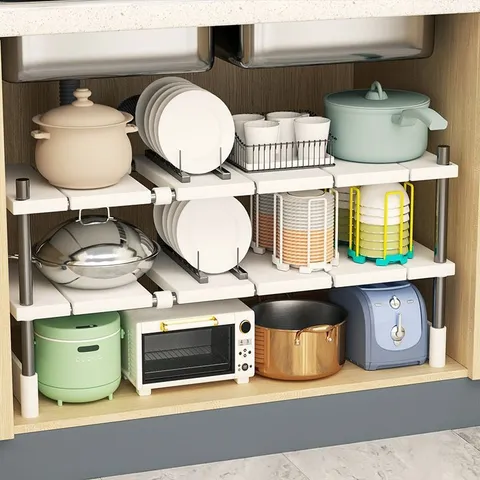Retractable Stainless Steel Kitchen Under Sink Storage Rack Adjustable Tiered Organizer Shelf For Cabinet Countertop