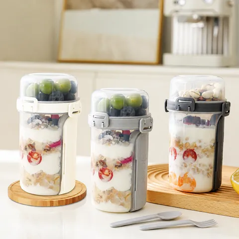 Portable Double Layer Salad Cup Plastic Leak Proof Breakfast Cereal Yogurt Container With Spoon Lunch Box For Office Travel