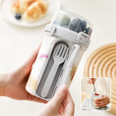 Portable Double Layer Salad Cup Plastic Leak Proof Breakfast Cereal Yogurt Container With Spoon Lunch Box For Office Travel