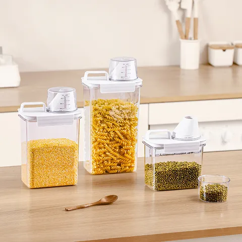 Récipient de Stockage de Nourriture en Plastique Transparent Seau à Riz Scellé Conteneur de Céréales de Cuisine Avec Tasse à Mesurer