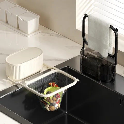 ABS Plastic Kitchen Sink Drain Rack Multi-Functional Sink Caddy Sponge Holder with Filter Net Suction Cup Storage Basket