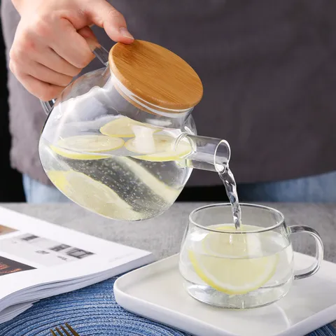 Clear Glass Teapot Heat Resistant Borosilicate Glass Cold Water Kettle Flower Tea Pot With Wood Lid For Home Office