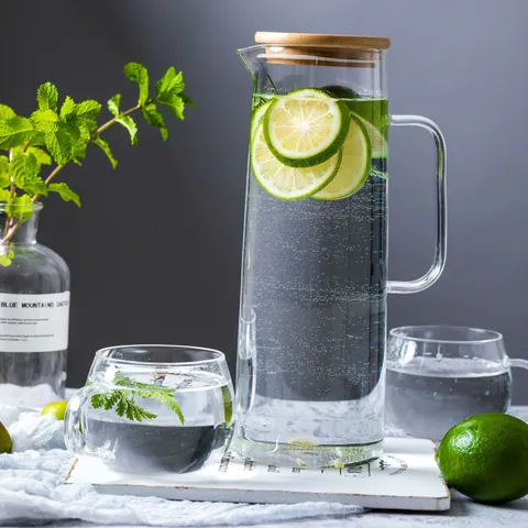 Pichet à Eau Froide en Verre Borosilicaté de Style Nordique Avec Couvercle en Bambou Résistant à la Chaleur Grande Capacité