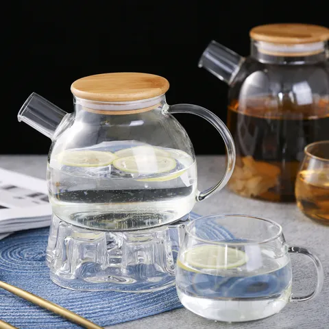 Clear Glass Teapot Heat Resistant Borosilicate Glass Cold Water Kettle Flower Tea Pot With Wood Lid For Home Office