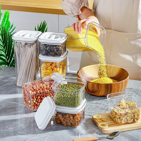 Transparent Plastic Sealed Storage Canister Food Grade Grain Container With Rotating Lid Kitchen Storage Organizer