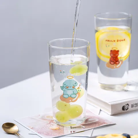Taza de Agua de Vidrio Resistente al Calor con Estampado de Dibujos Animados Oso Cachorro Creativo Transparente Jugo Leche Hogar