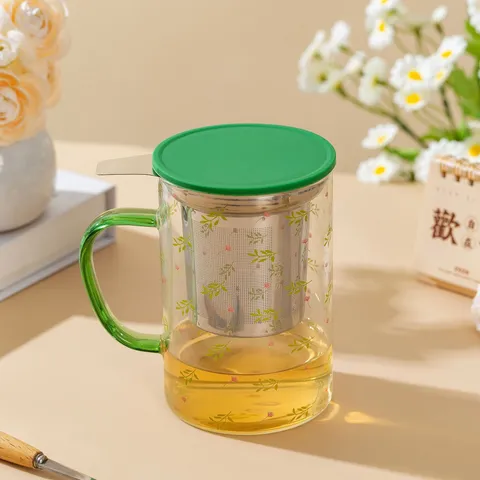 Borosilicaatglas Theekop Met Theezeef En Deksel Bloemenpatroon Heldere Waterbeker Voor Kantoor Thuis