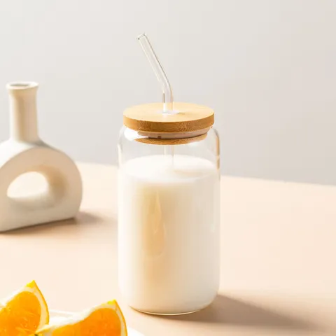 Borosilicaatglas Cola Blik Vormige Drinkbeker Met Bamboe Deksel En Rietje Transparante Beker Voor Keuken