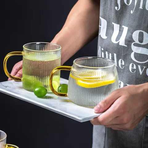 Japanischer Stil Hochborosilikatglas Wasserbecher Transparent Gestreift Kaffee Saft Bier Krug Mit Hitzebeständigem Griff