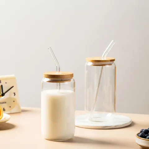Borosilicaatglas Cola Blik Vormige Drinkbeker Met Bamboe Deksel En Rietje Transparante Beker Voor Keuken