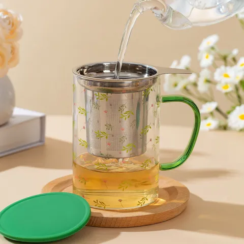 Borosilicaatglas Theekop Met Theezeef En Deksel Bloemenpatroon Heldere Waterbeker Voor Kantoor Thuis