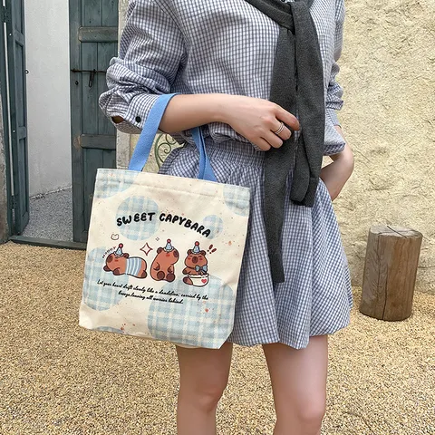 Cute Cartoon Capybara Canvas Handbag Large Capacity Top Handle Tote Lunch Bag Sweet Printed Canvas Tote Bag For Women Casual Daily Use