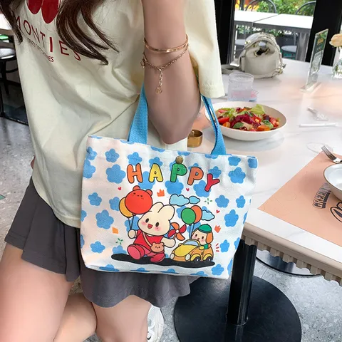 Cute Cartoon Printed Canvas Handbag Portable Small Lunch Box Bag For Women Girls Mini Cloth Tote Bag With Snap Button Daily Travel Storage Pouch