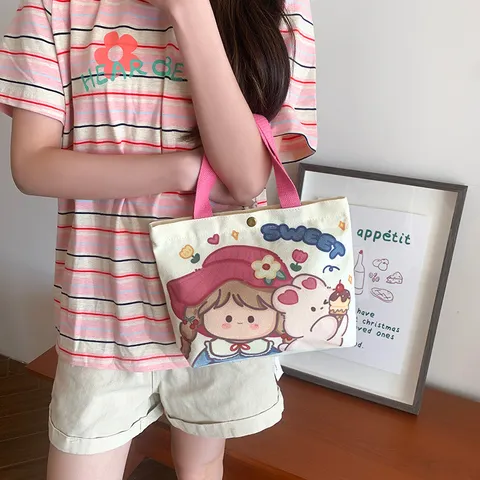 Korean Style Cute Cartoon Canvas Handbag Casual Printed Tote Lunch Bag Snaps Closed Mini Square Top Handle Bag For Commuting Women