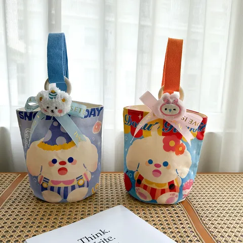 Cute Cartoon Canvas Bucket Bag Large Capacity Handbag Gift Bag Printed Tote Bag For Women Kids Daily Use
