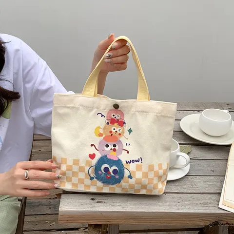 Cute Cartoon Monster Canvas Tote Bag Sweet Capybara Printed Shoulder Handbag Casual Large Capacity School Shopping Grocery Bag For Women Girls