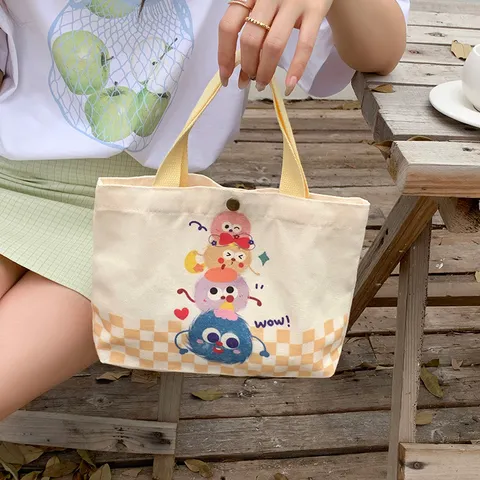 Cute Cartoon Monster Canvas Tote Bag Sweet Capybara Printed Shoulder Handbag Casual Large Capacity School Shopping Grocery Bag For Women Girls