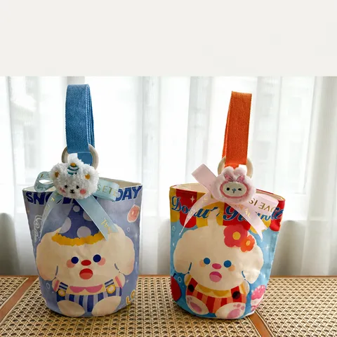 Cute Cartoon Canvas Bucket Bag Large Capacity Handbag Gift Bag Printed Tote Bag For Women Kids Daily Use