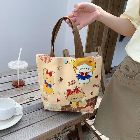 Original Cute Cartoon Bear Print Polyester Handbag For Women Commuter Lunch Box Storage Bag Versatile Small Tote Bag