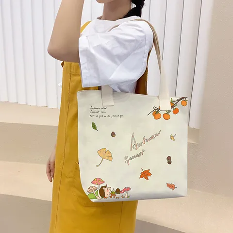 Large Capacity Canvas Tote Bag For Women Ins Style Korean Artistic Printed Shoulder Bag With Zipper Student Casual Handbag