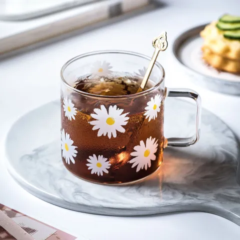Heldere Glazen Koffiemok Met Handvat Hittebestendig Borosilicaatglas Madeliefje Zonnebloem Bloemen Ontbijtmok