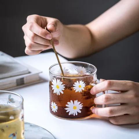 Heldere Glazen Koffiemok Met Handvat Hittebestendig Borosilicaatglas Madeliefje Zonnebloem Bloemen Ontbijtmok
