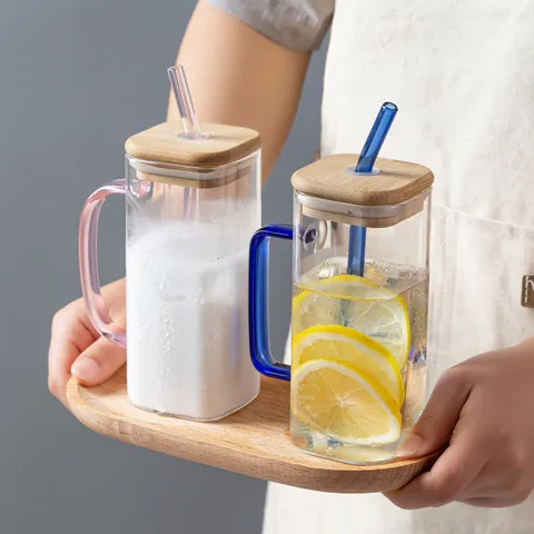 Borosilicate Glass Square Drinking Cup With Handle Bamboo Lid And Glass Straw 400ml Heat Resistant Water Tumbler For Home Kitchen