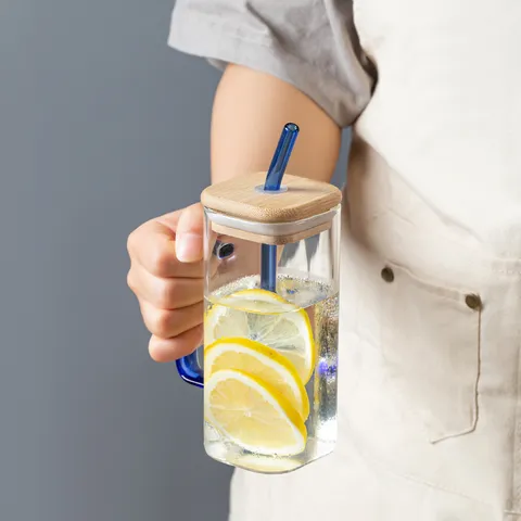 Borosilicate Glass Square Drinking Cup With Handle Bamboo Lid And Glass Straw 400ml Heat Resistant Water Tumbler For Home Kitchen