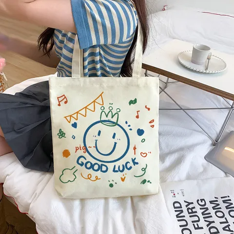 Japanese Style Sweet Women Canvas Tote Bag Cartoon Graphic Large Capacity Shoulder Handbag Zipper Daily School Eco Bag