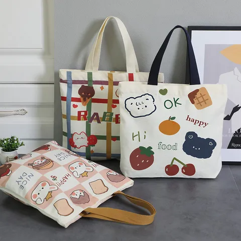 Women Cute Cartoon Canvas Handbag Casual Printed Mini Tote Portable Lunch Bento Bag Work Commute Small Zipper Square Bag Gift