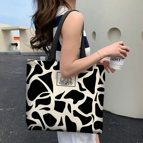 Women Large Capacity Canvas Tote Bag Cartoon Animal Printed Shoulder Bag Korean Style Casual Handbag For School Shopping