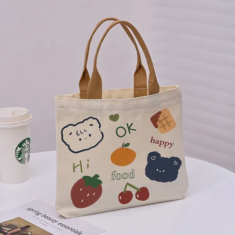 Künstlerisch Segeltuch Lunchtasche Mit Süßer Cartoon Bär Bedruckt Handtasche Lässig Studenten Büchertasche