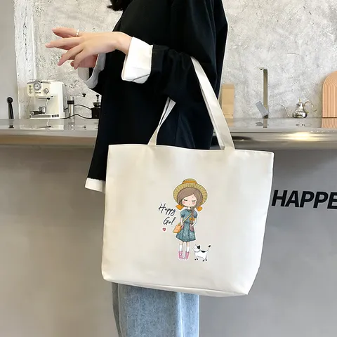 Women Cute Cartoon Printed Oxford Cloth Tote Bag Large Capacity Zipper Shoulder Bag Trendy Commuting College Handbag