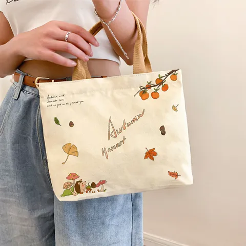 Women Minimalist Canvas Tote Bag Small Handbag Cartoon Bear Autumn Printed Daily Commute Canvas Bag