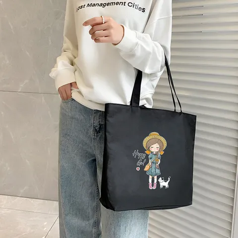 Women Cute Cartoon Printed Oxford Cloth Tote Bag Large Capacity Zipper Shoulder Bag Trendy Commuting College Handbag